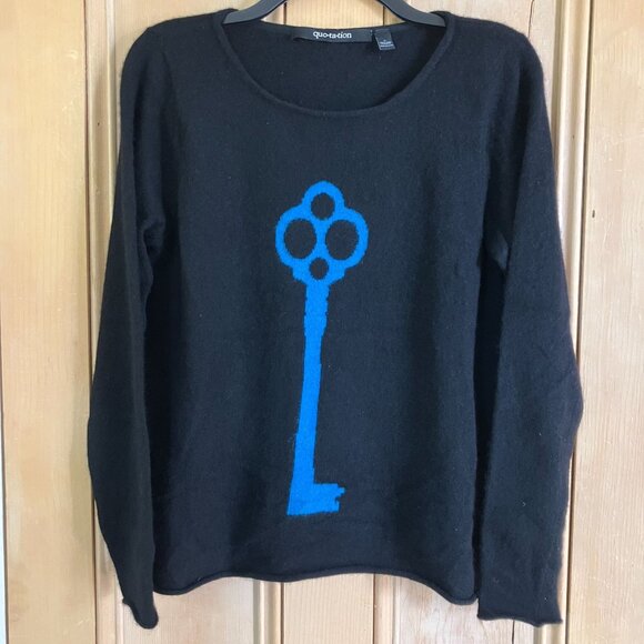 Quotation Womens 100% Cashmere Coraline Blue Key Sweater Size Large Black SP EXC - Picture 2 of 11